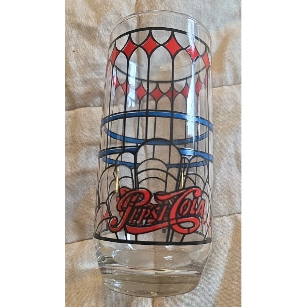 Vintage 1970's Pepsi-Cola Stained Glass Drinking Glass 14oz Tiffany Style